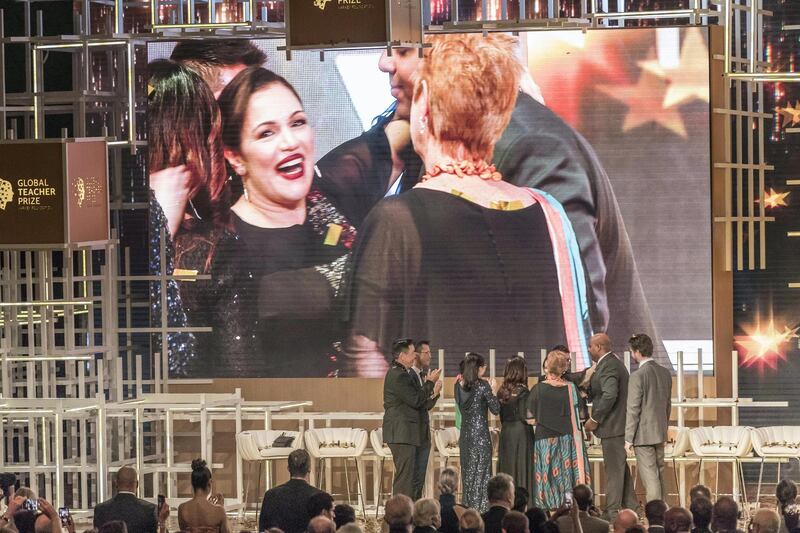 DUBAI, UNITED ARAB EMIRATES. 18 MARCH 2018. The Varkey Foundation's Global Teacher Prize at Atlantis. 2018 winner Andria Zafirakou. (Photo: Antonie Robertson/The National) Journalist: Roberta Pennington. Section: National.