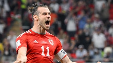 Wales' forward Gareth Bale celebrates scoring his team's first goal during the Qatar 2022 World Cup Group B football match against USA at the Ahmad bin Ali Stadium in Al Rayyan, west of Doha on Monday. AFP