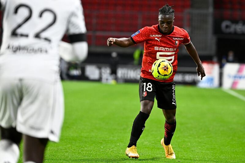 Stade Rennais' Belgian forward Jeremy Doku controls the ball during the French L1 football match between Stade Rennais and Angers, at the Roazhon Park stadium in Rennes, northwestern France on October 23, 2020. (Photo by DAMIEN MEYER / AFP)