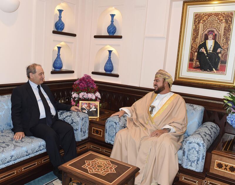 Sayyid Asaad bin Tariq Al Said, Deputy Prime Minister for Relations and International Cooperation and Special Representative of His Majesty Sultan Qaboos, receives Syrian Foreign Minister Faisal Mekdad. Oman News Agency