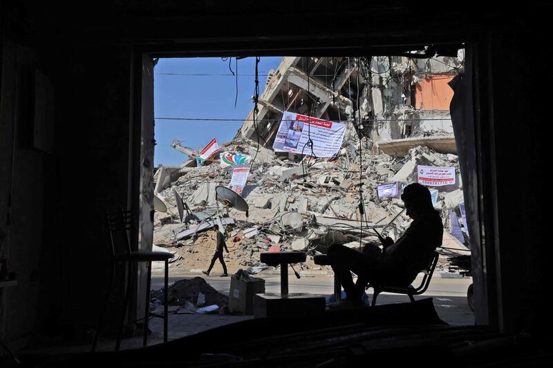 The view from a damaged shop in a building partially destroyed by recent Israeli air strikes on Gaza City. AFP