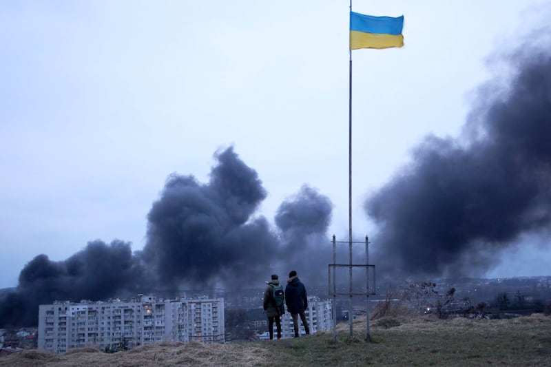 The aftermath of an air strike on the western Ukrainian city of Lviv. AFP