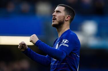 epa07634082 (FILE) - Chelsea's Eden Hazard celebrates after scoring against Huddersfield during their English Premier League soccer match at Stamford Bridge, London, Britain, 02 February 2019 (reissued on 07 June 2019). Real Madrid announced on 07 June 2019 the signing of Eden Hazard from Chelsea FC. The Belgium's player has signed a contract till the 30th of June 2024. EPA/WILL OLIVER EDITORIAL USE ONLY. No use with unauthorized audio, video, data, fixture lists, club/league logos or 'live' services. Online in-match use limited to 120 images, no video emulation. No use in betting, games or single club/league/player publications *** Local Caption *** 54953144