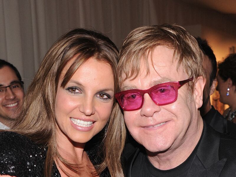 Singer Britney Spears and Sir Elton attend the 21st Elton John Aids Foundation Academy Awards Viewing Party at Pacific Design Centre in West Hollywood, California. Getty Images / AFP