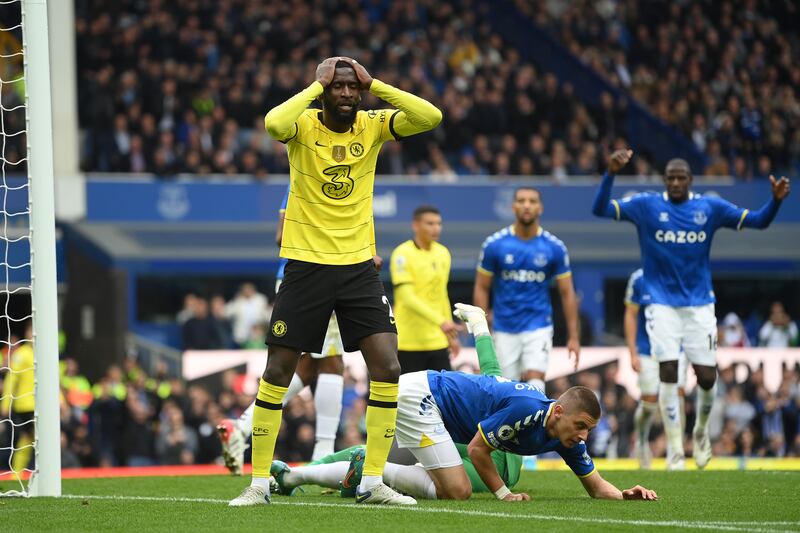 Chelsea's Antonio Rudiger after Everton keeper Jordan Pickford saved his shot in the second half. Getty