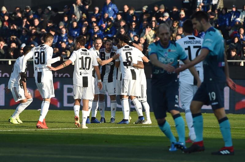 Players of Juventus celebrate after Atalanta's own goal during the Serie A match between Atalanta BC and Juventus at Stadio Atleti Azzurri d'Italia in Bergamo, Italy.  Getty Images