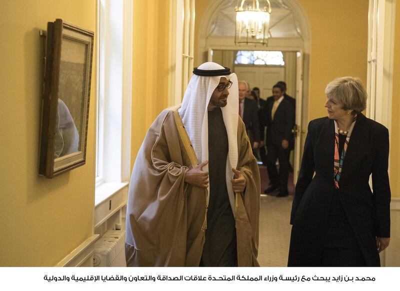 Sheikh Mohammed bin Zayed, Crown Prince of Abu Dhabi and Deputy Supreme Commander of the Armed Forces, meets Theresa May, prime minister of Britain, at No 10 Downing Street. Hamad Al Kaabi / Crown Prince Court – Abu Dhabi