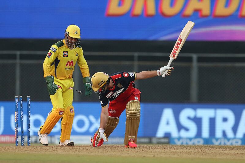 AB de Villiers of Royal Challengers Bangalore is bowled by Ravindra Jadeja of Chennai Super Kings  during match 19 of the Vivo Indian Premier League 2021 between the Chennai Super Kings and the Royal Challengers Bangalore held at the Wankhede Stadium Mumbai on the 25th April 2021.

Photo by Ron Gaunt / Sportzpics for IPL