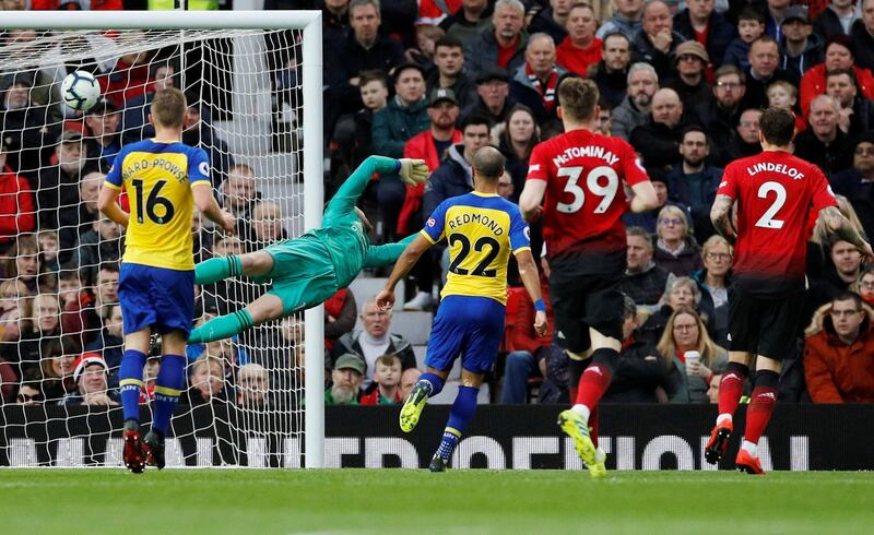 Manchester United's David de Gea fails to save a shot by Valery. Reuters