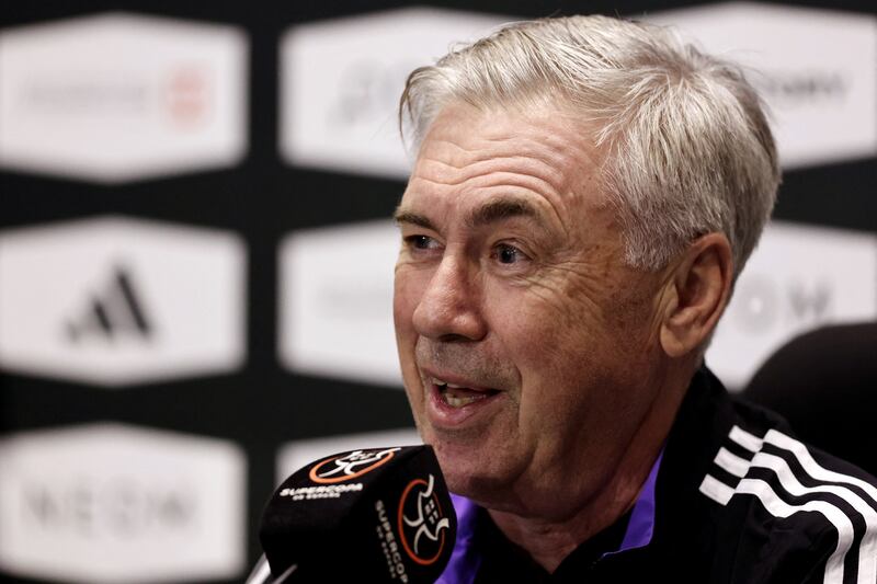 Real Madrid coach Carlo Ancelotti during the press conference on the eve of the Spanish Super Cup semi-final against Valencia. Reuters