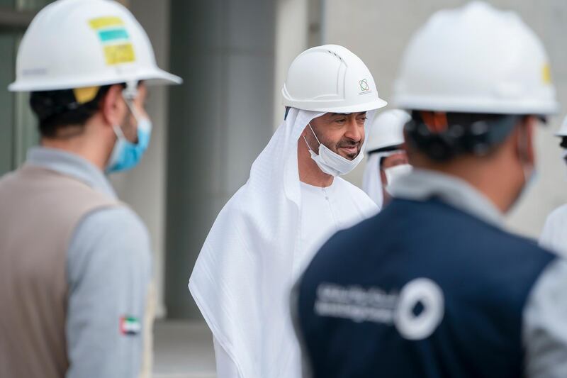 AL DHAFRA, ABU DHABI, UNITED ARAB EMIRATES - June 11, 2020: HH Sheikh Mohamed bin Zayed Al Nahyan, Crown Prince of Abu Dhabi and Deputy Supreme Commander of the UAE Armed Forces (C) inspects the Barakah Peaceful Nuclear Energy Plants, in Barakah.

( Mohamed Al Hammadi / Ministry of Presidential Affairs )
---