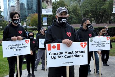 A protest in Canada of families who lost loved ones when Flight PS752 was shot down over Tehran last year. Getty