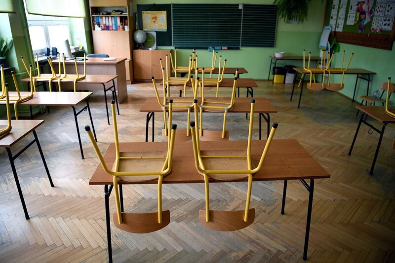 An empty primary school in Przemysl, southeastern Poland. Remote schooling is mandatory for all grades of elementary school and above. EPA
