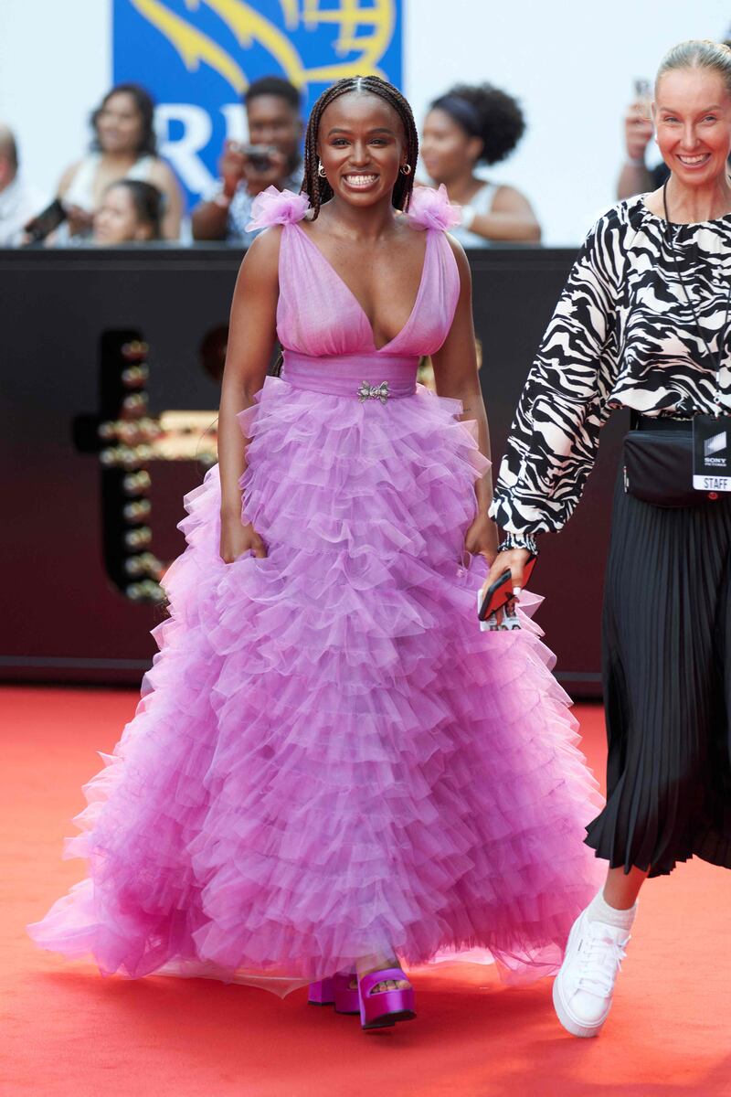 South African actress Masali Baduza at the premiere of 'The Woman King'. AFP