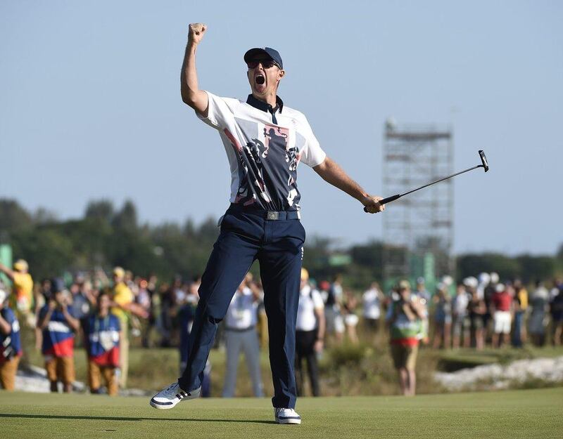 Justin Rose of Great Britain reacts after sinking his final putt to win the gold medal on the eighteenth hole during the final round of the Rio 2016 Olympics men’s golf tournament at the Olympic Golf Course in Barra da Tijuca, Rio de Janeiro, Brazil, 14 August 2016. Facundo Arrizabalaga / EPA