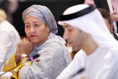 Abu Dhabi, United Arab Emirates - July 01, 2019: Deputy Secretary General Amina Mohammed speaks. Climate and Health MinistersÕ Meeting. There will be three sections: air quality, climate-induced disasters and weather events, and financing approaches for the health-climate nexus. Day 2 of Abu Dhabi Climate Meeting. Monday the 1st of July 2019. Emirates Palace, Abu Dhabi. Chris Whiteoak / The National