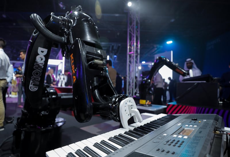 Dubai, April 30, 2019.  Ai Everything show at the Dubai World Trade Centre.--  A Music Bot plays an electric piano at the show.
Victor Besa/The National
Section:  NA
Reporter:  P. Ryan and A. Sharma