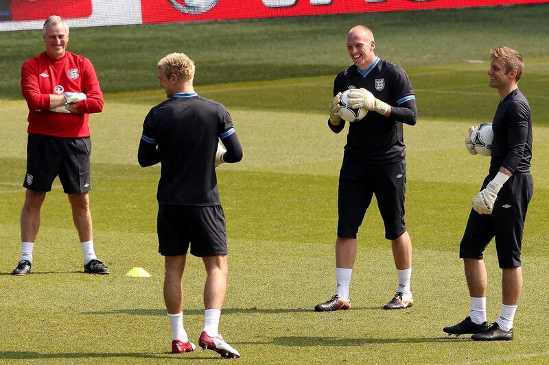 MANCHESTER, ENGLAND - MAY 24:  John Ruddy with Robert Green, Joe Hart and Ray Clemence during an England training session at Etihad Stadium on May 24, 2012 in Manchester, England.  (Photo by Scott Heavey/Getty Images)