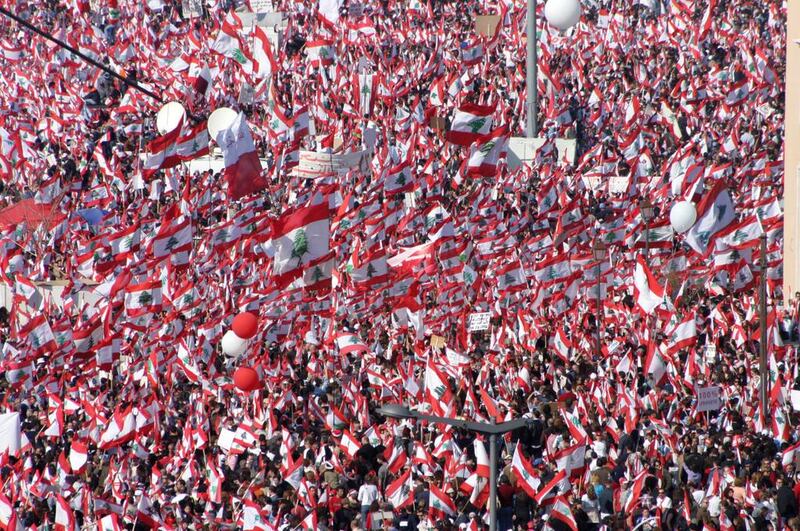 A sea of Lebanese flags during a rally in Beirut in 2005 against Syria's occupation of the country. (REUTERS/ Sharif Karim)