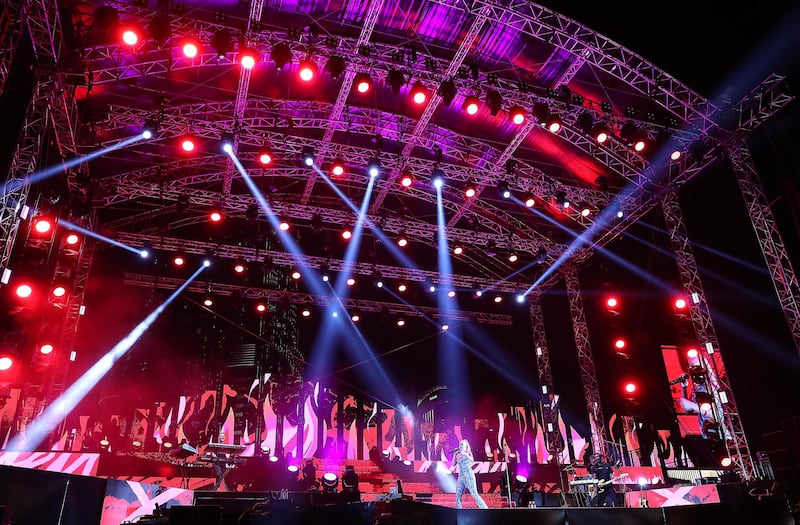 DUBAI , UNITED ARAB EMIRATES , December 18 – 2020 :- Anne Marie performing at the Burj Park in downtown Dubai on the second day of the DSF opening concert in Dubai.  ( Pawan Singh / The National ) For Arts & Culture/Online/Instagram. Story by Janice Rodrigues