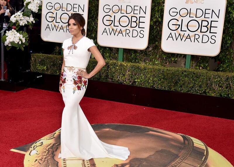Eva Longoria wearing a Georges Hobeika gown for the 2016 Golden Globe awards. AP