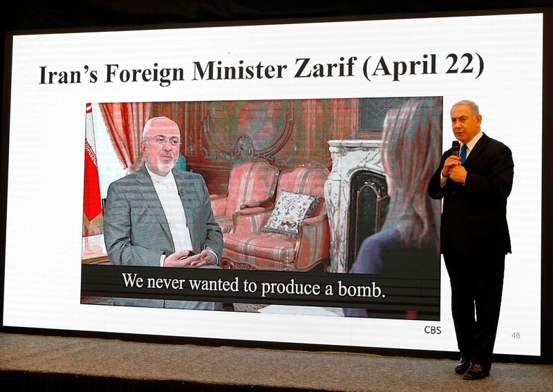 Israeli Prime Minister Benjamin Netanyahu delivers a speech on Iran's nuclear program at the defence ministry in Tel Aviv on April 30, 2018.
Netanyahu said that he had proof of a "secret" Iranian nuclear weapons programme, as the White House considers whether to pull out of a landmark atomic accord that Israel opposes. / AFP PHOTO / Jack GUEZ