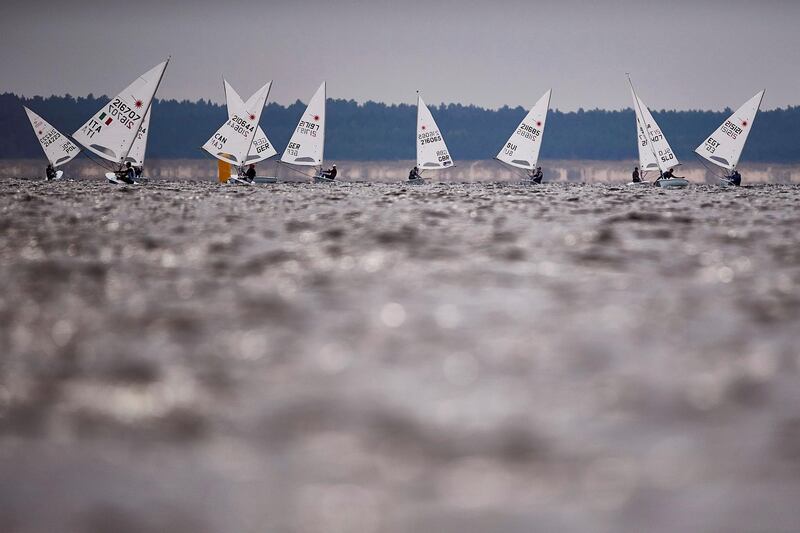 Competitors  during the Sailing Laser Class European Championships in Gdansk, northern Poland, on Monday, October  12. EPA