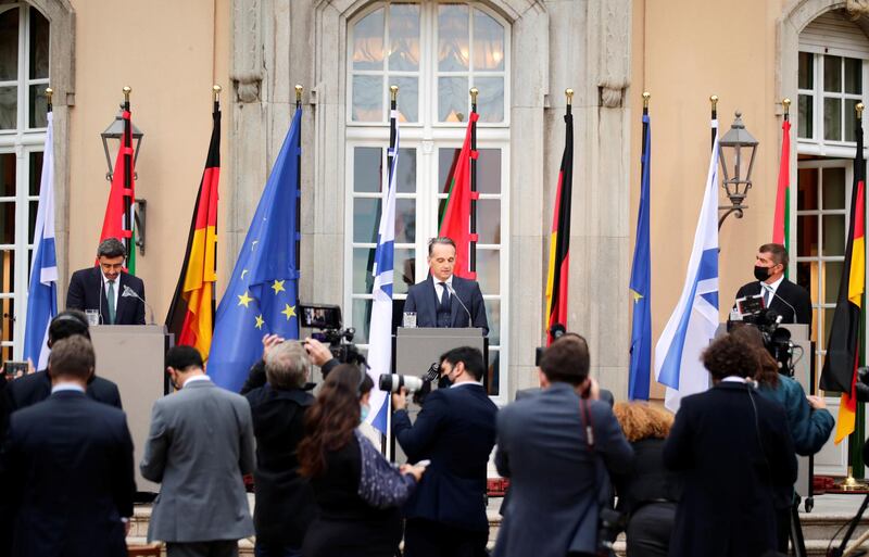 UAE Foreign Minister Sheikh Abdullah bin Zayed, his Israeli counterpart Gabi Ashkenazi and German Foreign Minister Heiko Maas attend a news conference following their historic meeting at Villa Borsig in Berlin, Germany.  Reuters