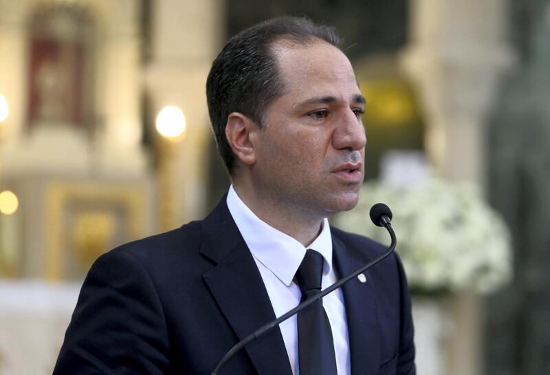 Samy Gemayel, head of the Christian Kataeb party, who announced his resignation during the funeral of Nazar Najarian, a leading member of the party who died as the result of Tuesday's blast in Beirut's port area, talks during his funeral in Beirut, Lebanon August 8, 2020. REUTERS/Aziz Taher