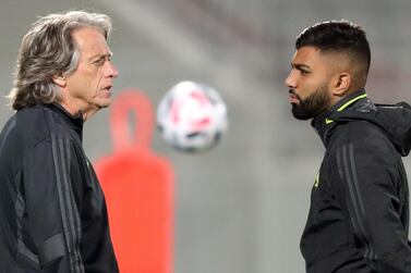 Flamengo coach Jorge Jesus and forward Gabriel Barbosa at a training session in Doha ahead of the Fifa Club World Cup final. EPA
