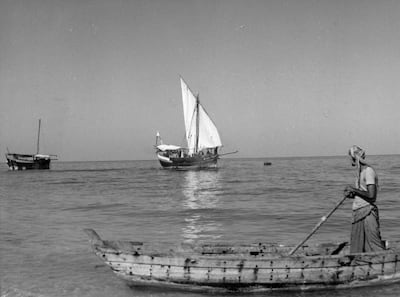 Abu Dhabi, Trucial States; Undated (late 1950 s, early 1960 s)  Photograph showing dhows off the coast of Abu Dhabi

 Courtesy BP Archive. Mandatory Credit.  Eds note. Karen  ** Free usage but  email BP Abu Dhabi to notify of publication** Nick.Cochrane-Dyet@se1.bp.co