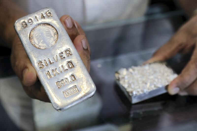 SHARJAH , UNITED ARAB EMIRATES , OCT 24   – 2017 :- Faisal , owner from Kerala , India showing the 1 Kg silver bar for making the jewellery at the Al Baroon silver shop in the Al Mareija area near the Heritage area in Sharjah. They are in the jewellery business for the last 30 years. (Pawan Singh / The National) For Weekend