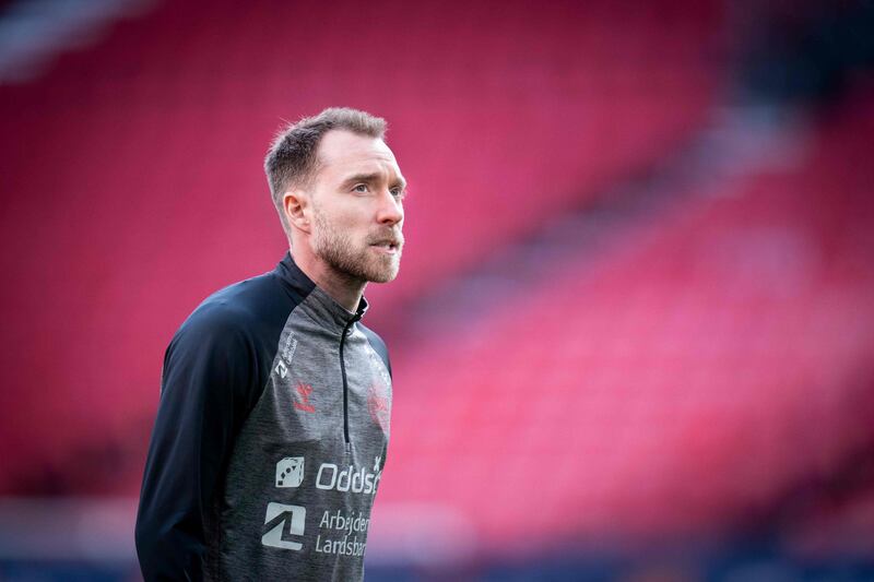 Denmark's Christian Eriksen attends a training session in Copenhagen on Monday, March 28, 2022 on the eve of the friendly against Serbia. AFP