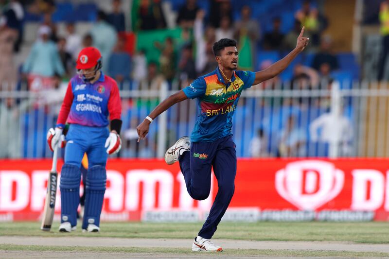 Dilshan Madushanka of Sri Lanka celebrates the wicket of Hazratullah Zazai of Afghanistan.