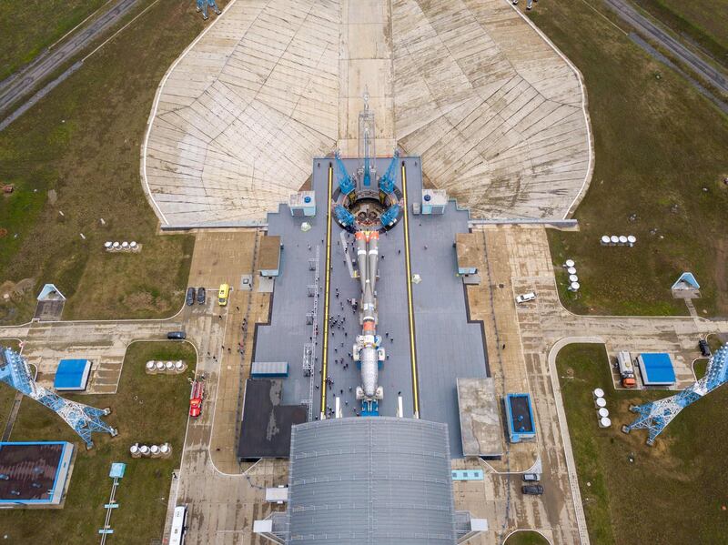 A Soyuz-2.1b rocket booster with 36 British OneWeb satellites on the launch pad at the Vostochny cosmodrome, near the Russian city of Uglegorsk. AFP