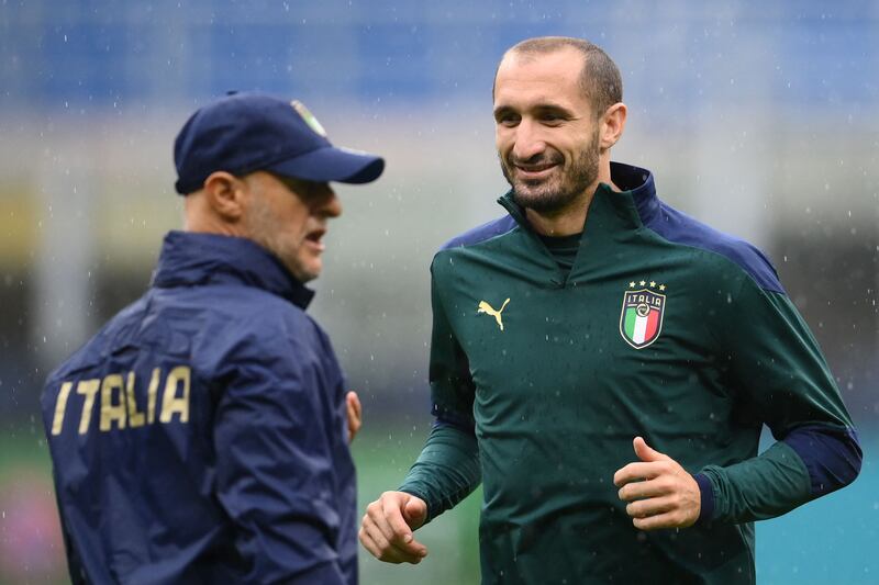 Italy defender Giorgio Chiellini during training at the San Siro in Milan on Tuesday. AFP