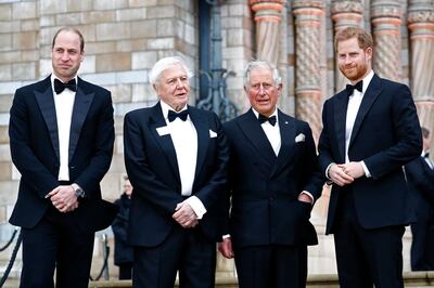 LONDON, ENGLAND - APRIL 04: (L-R) Prince William, Duke of Cambridge, Sir David Attenborough, Prince Charles, Prince of Wales and Prince Harry, Duke of Sussex attend the "Our Planet" global premiere the at the Natural History Museum on April 04, 2019 in London, England. (Photo by John Phillips/Getty Images)