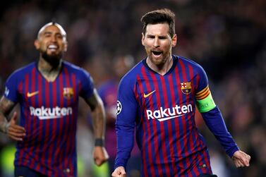 epa07435246 FC Barcelona's forward Leo Messi celebrates after scoring his second goal against Olympique Lyon during the UEFA Champions League round of 16 second leg soccer match between FC Barcelona and Olympique Lyon at Camp Nou in Barcelona, Catalonia, north eastern Spain, 13 March 2019. EPA/ALBERTO ESTEVEZ