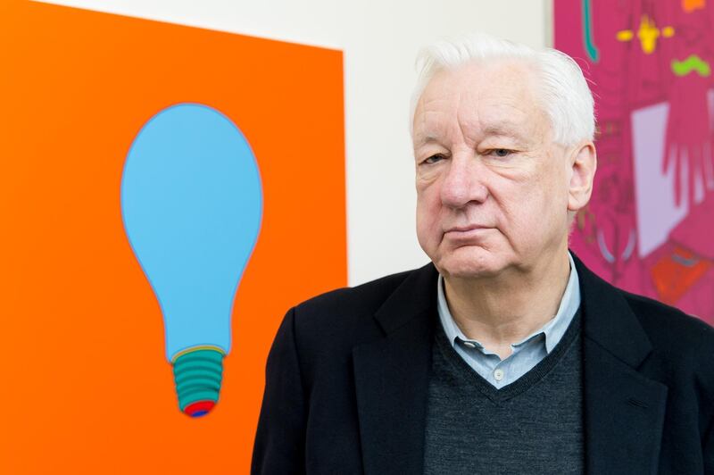 LONDON, ENGLAND - NOVEMBER 24:  Michael Craig-Martin poses with his work prior to an installation view at The Serpentine Gallery on November 24, 2015 in London, England.  The exhibition runs from November 24th  2015 to February 14th 2016  (Photo by Ian Gavan/Getty Images for Serpentine Galleries)