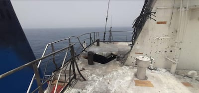 An image obtained by the security consultancy Le Beck International in Bahrain shows part of the damage caused to the Israeli-managed 'MV Mercer Street' fuel tanker off the coast of Oman. 