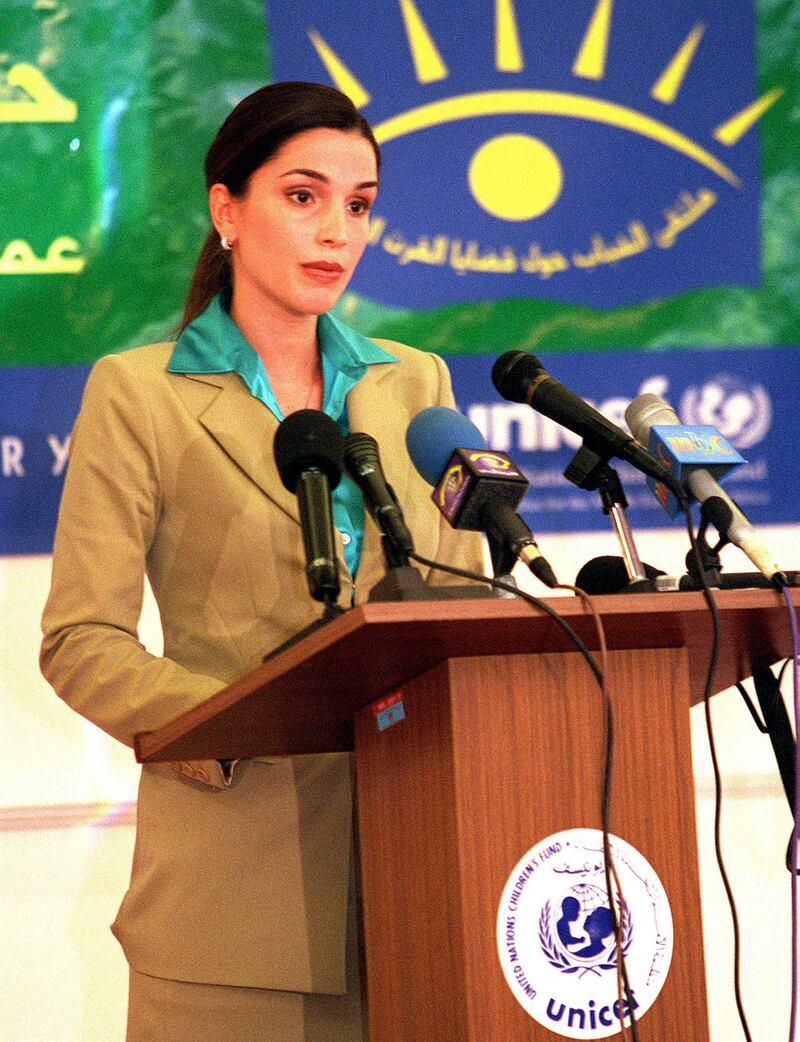 381177 01: Queen Rania of Jordan speaks at a meeting for young people in Amman November 11, 2000 in Amman, Jordan. Around 70 young people from the middle east and north Africa gathered in Amman to voice their dreams,challenges and a "Call for Action"on youth issues in the region. (Salah Malkawi/Newsmakers).