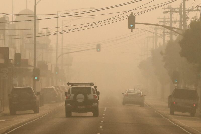 Thick smoke hangs over the East Gippsland town of Orbost in Victoria, Australia. Getty