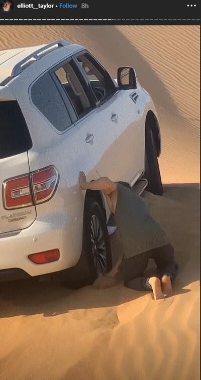 Skylar Grey and her fiance got stuck in the Abu Dhabi sanddunes. Courtesy Instagram / elliott__taylor/