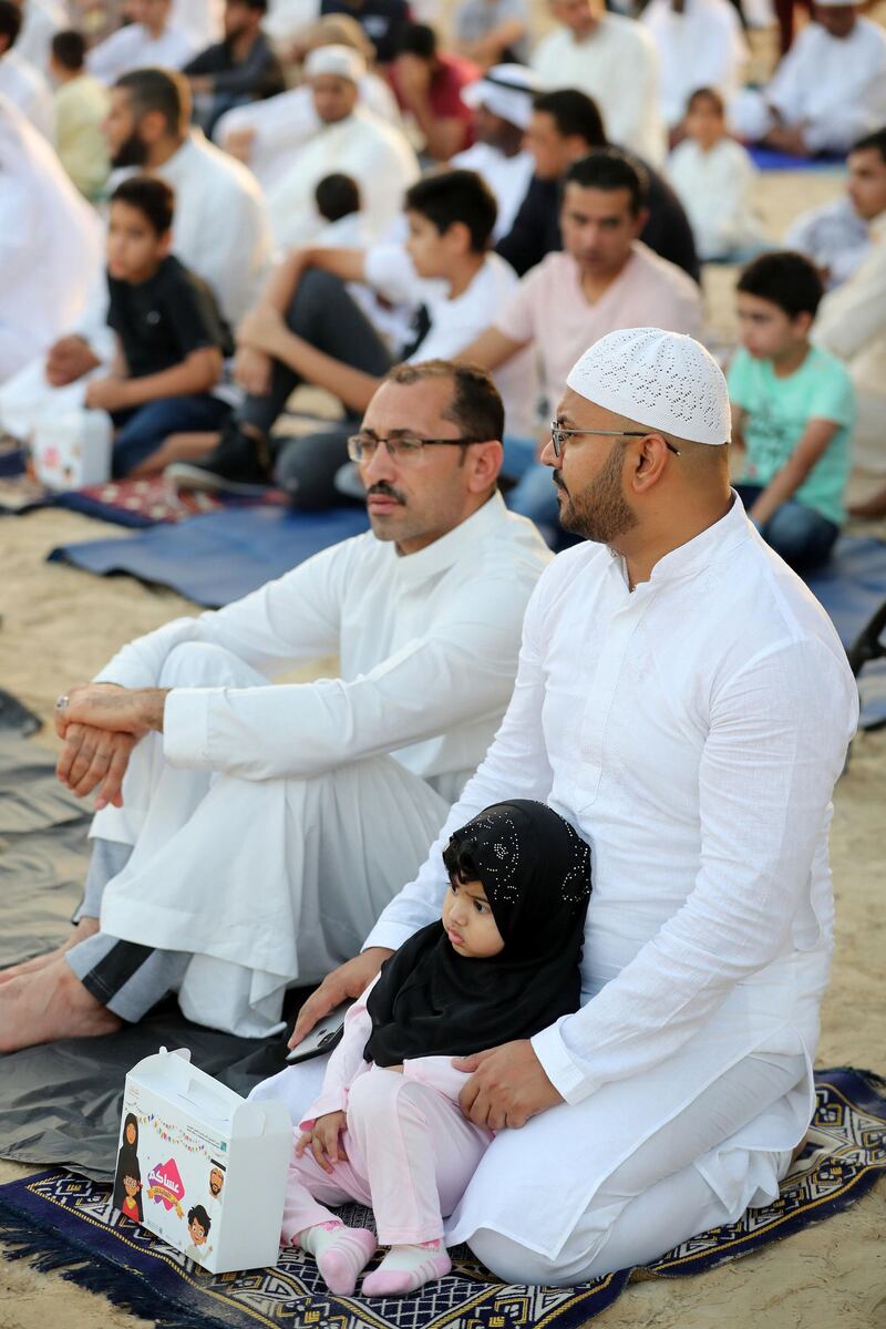 Dubai, United Arab Emirates - June 04, 2019: The first Eid prayer is performed at the Eid prayer ground. Tuesday the 4th of June 2019. Al Barsha, Dubai. Chris Whiteoak / The National