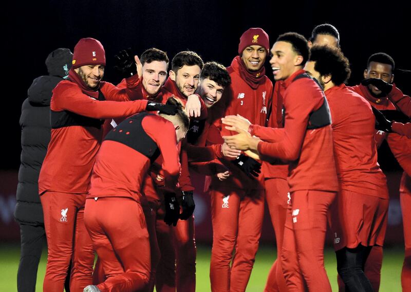 LIVERPOOL, ENGLAND - JANUARY 17: (THE SUN OUT, THE SUN ON SUNDAY OUT) Alex Oxlade-Chamberlain, Andy Robertson, Adam Lallana, Neco Williams and Trent Alexander-Arnold of Liverpool during a training session at Melwood Training Ground on January 17, 2020 in Liverpool, England. (Photo by Andrew Powell/Liverpool FC via Getty Images)