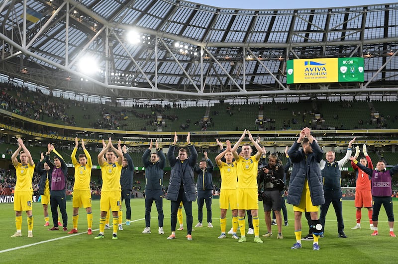 Ukraine players applaud interact the crowd following the Nations League match against Republic of Ireland. Getty