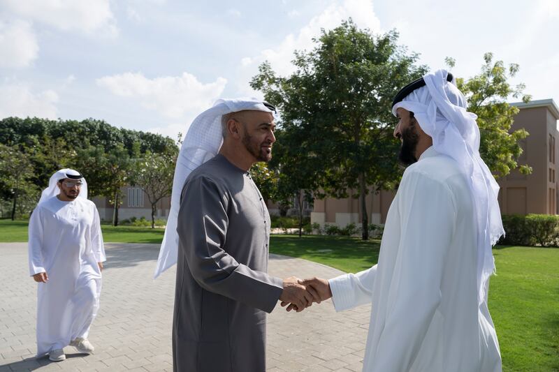 President Sheikh Mohamed greets Maj Gen Sheikh Nasser bin Hamad Al Khalifa, Bahrain's National Security Adviser. Seen with Sheikh Hamdan bin Zayed, Ruler’s Representative in Al Dhafra Region
