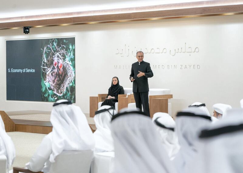 ABU DHABI, UNITED ARAB EMIRATES - May 29, 2019: Dr Pavan Sukhdev (R), delivers a lecture titled: "Redefining wealth for an economy of performance", at Majlis Mohamed bin Zayed. 

( Eissa Al Hammadi for the Ministry of Presidential Affairs )
---
