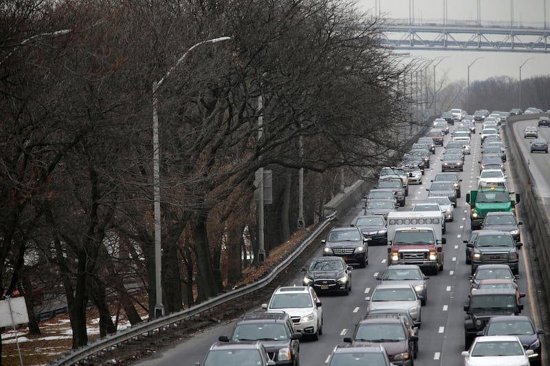 In this Jan, 11, 2018 photo, traffic moves slowly toward downtown Manhattan on the West Side Highway in New York. A proposal to make part of Manhattan a toll zone, where drivers would be charged to drive into the most congested neighborhoods, is gaining momentum, despite continuing criticism from lawmakers representing car-heavy parts of Brooklyn and Queens. (AP Photo/Seth Wenig)
