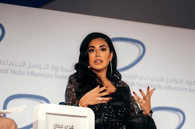 10.12.18 Arab social media influencers 
summit, held in Dubai world trade centre, Zabeel hall 2. This is a talk with Huda beauty. From L: Diala Makki, Huda Kattan and Mona Kattan.  Anna Maria Nielsen For The National.
